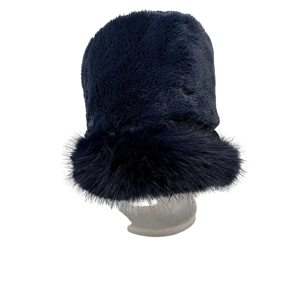 Navy Blue Faux Fur Pillbox Cloche Hat One Size Quilted Lining Winter Glam Retro